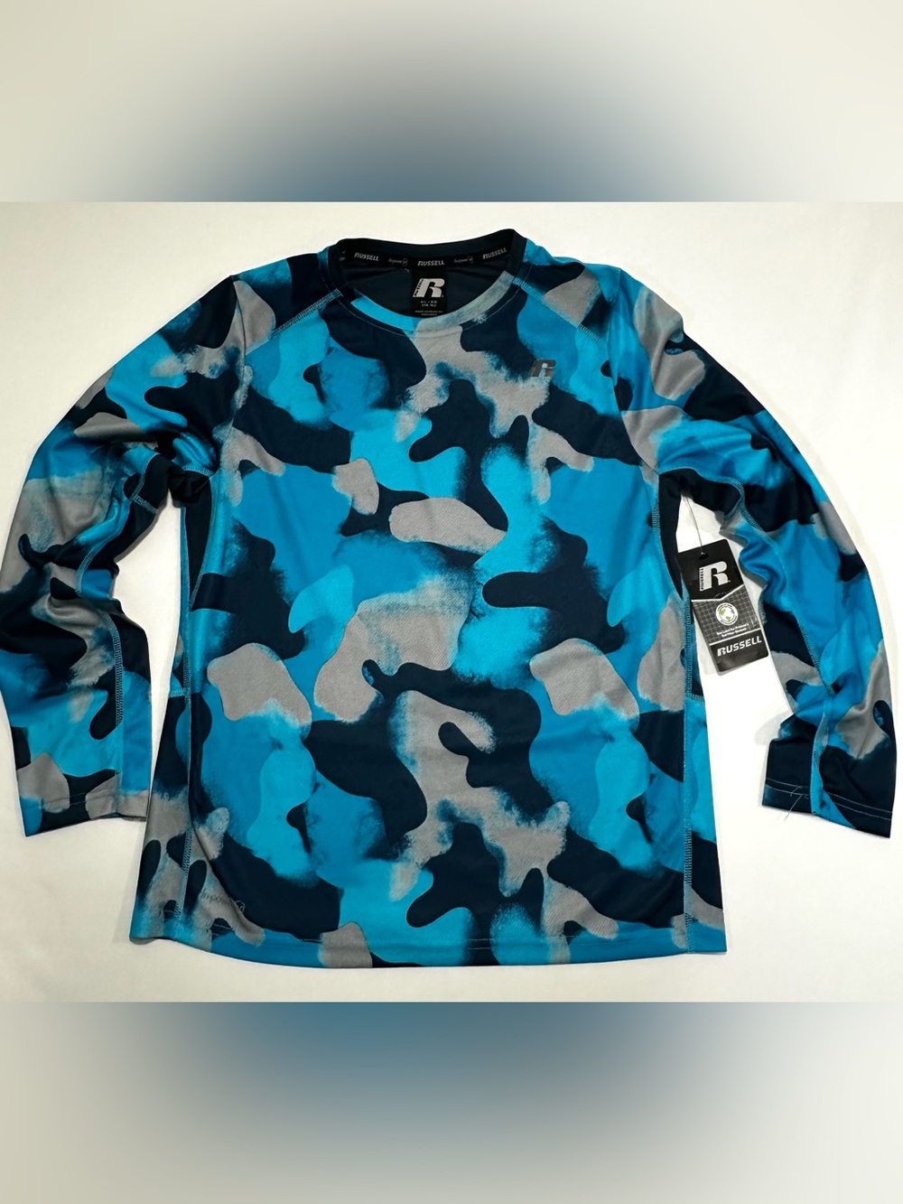 NWT Russell Boys Blue Camo Long Sleeve Dri-Power Performance Tee Shirt XL 14-16
